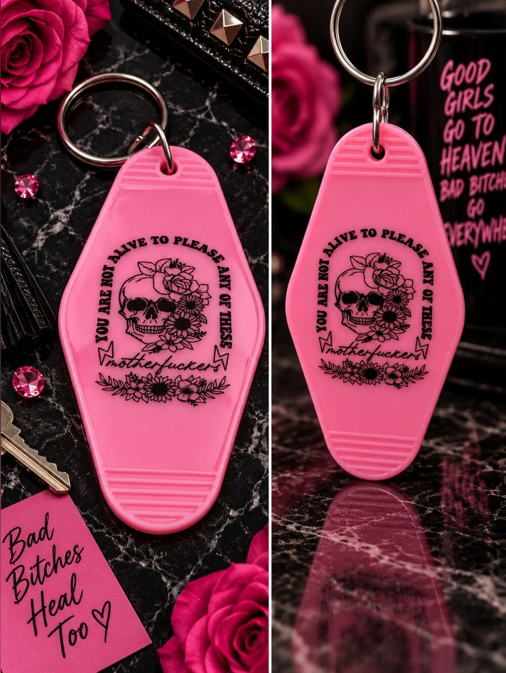 Pink Skull Floral Coffin Keychain Goth Y2K